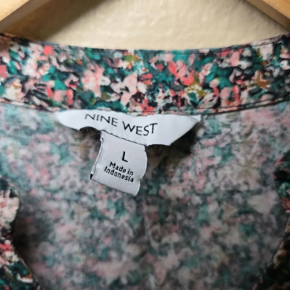 Nine West Floral Tiered Mini Dress Sleeveless V-Neck Pink Teal Black Women's Lrg